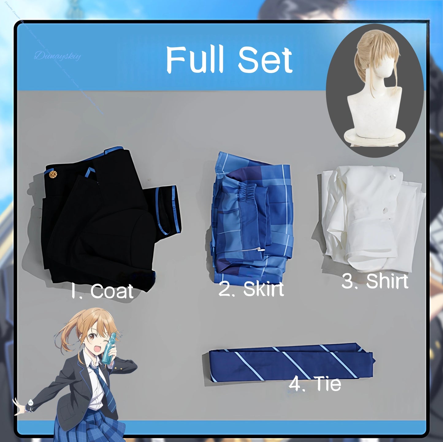 Anime Chitose Is in the Ramune Bottle Yuuko Hiiragi Saku Chitose Cosplay Costume Wig Uniform Coat Skirt Headwear Role Playing