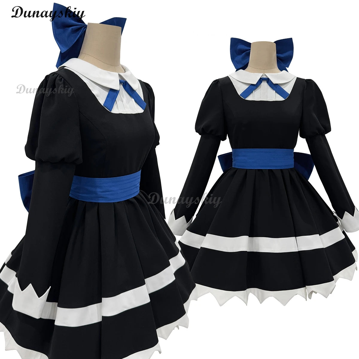 Anarchy Black Dress Blue Bow Anime Panty & Stocking Garterbelt Cosplay Costume Wig Stockings Bowknot Cos Convention Customized