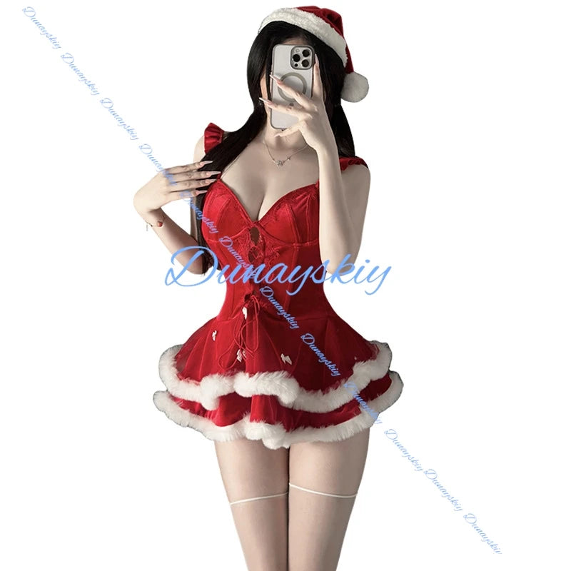 Sexy Christmas Cat Costume Suit Women's Sleepwear Pure Red Dress Chest Illusion Outwear Halloween Christmas Uniform