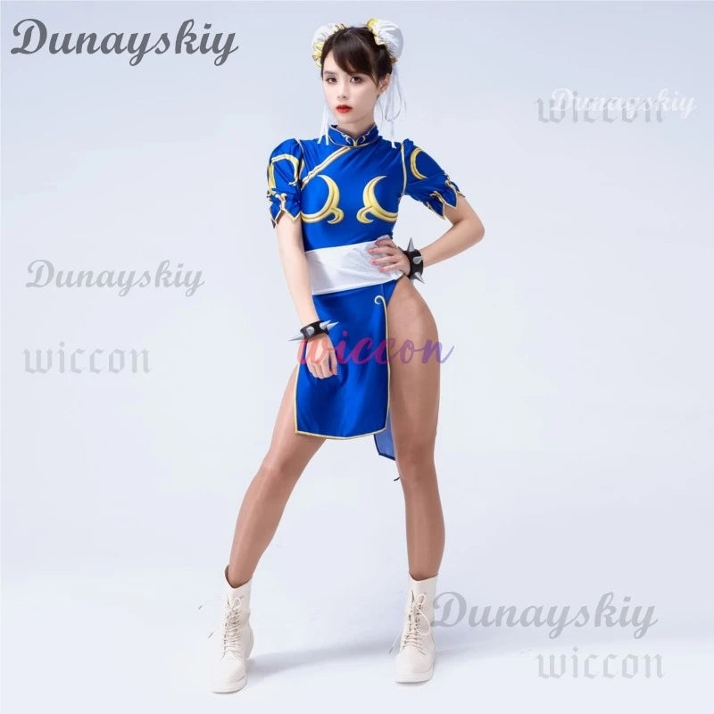 Games Chun Li Cosplay Costumes Sutorito Faita Blue Cheongsam Dress Women Sexy Bodysuit Headwear Suit Halloween Carnival Clothing