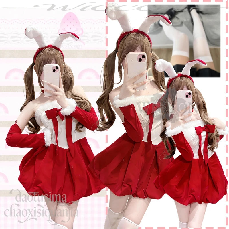 Anime Kawaii Original Design Red Velvet Maid Bunny Dress Cute Rabbit Headwear Cos Halloween Christmas 2025 Party Outfit