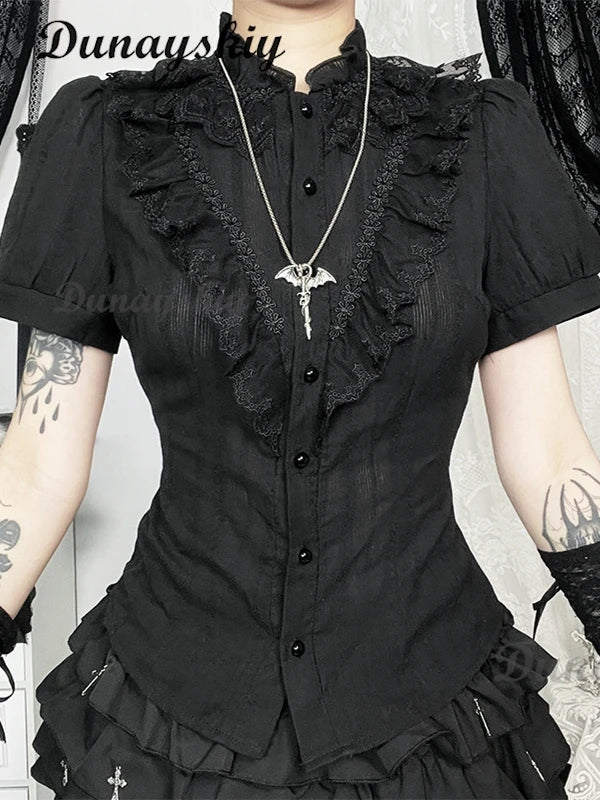Vintage Mall Gothic Black Shirt Skirt Women Dark Palace Style Streetwear Jacquard Texture Blouse Sleeve Lace Patchwork Shirt