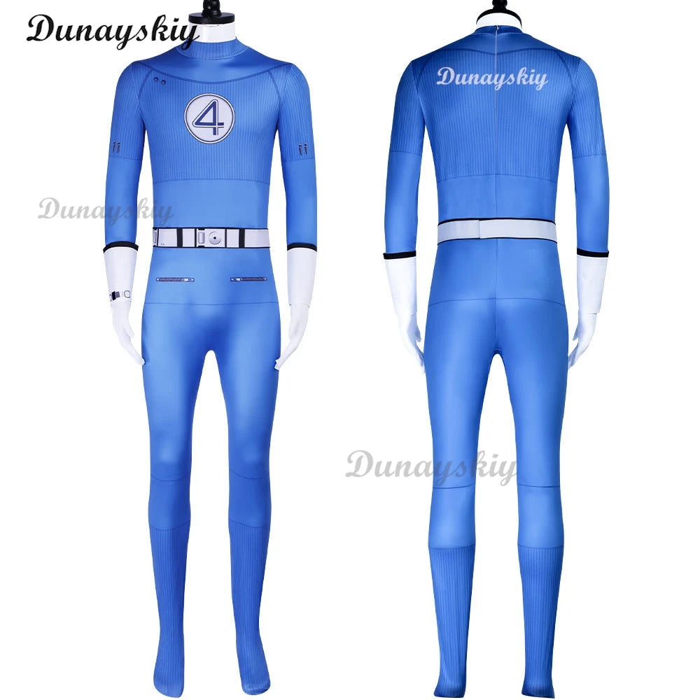 Movie Fantastic Four Cosplay Costume Thunderbolt Fire Blue And White Jumpsuit Superhero Halloween Party Invisibility Jumpsuit