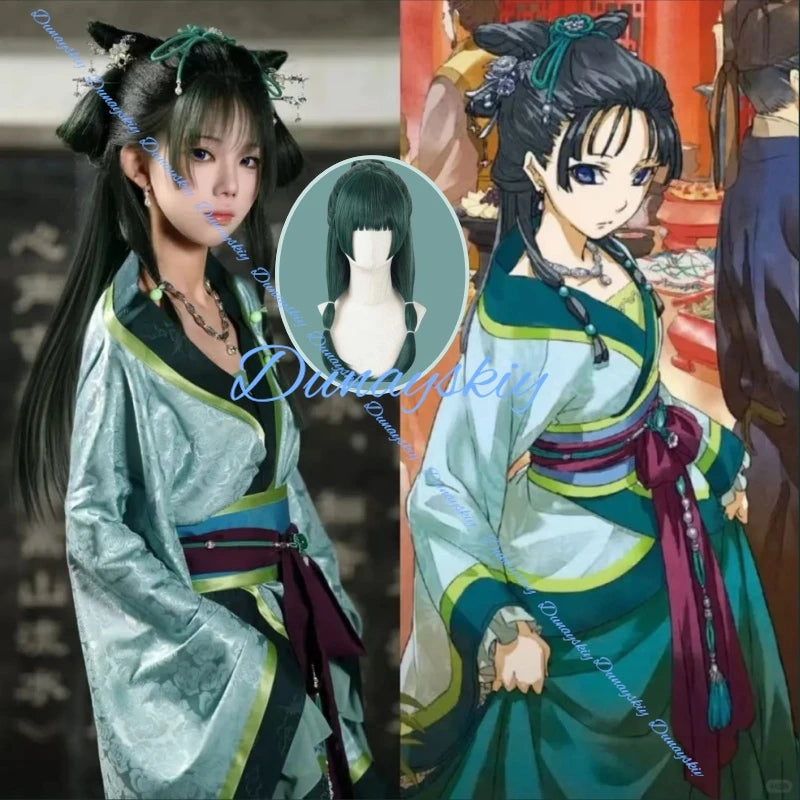 Anime The Apothecary Maomao Cosplay Costume Wig Green Uniform Chinese Traditional Hanfu Dress Headwear Earrings Necklace Chain