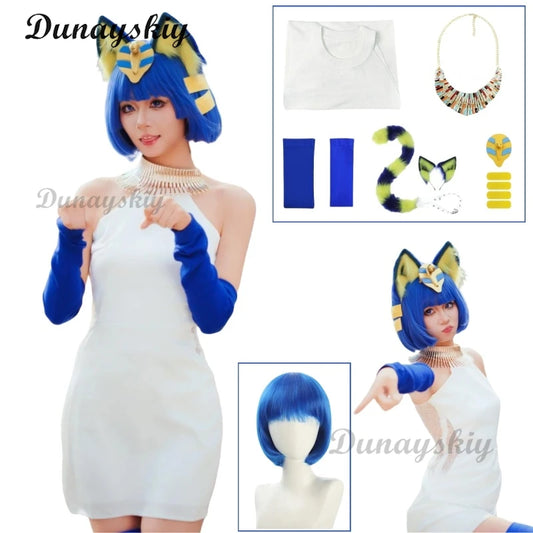 Anime Egyptian Cat Dress Cosplay Costume Wig Animal Crossing Style Full Set with Accessories Women's Role Play Costume