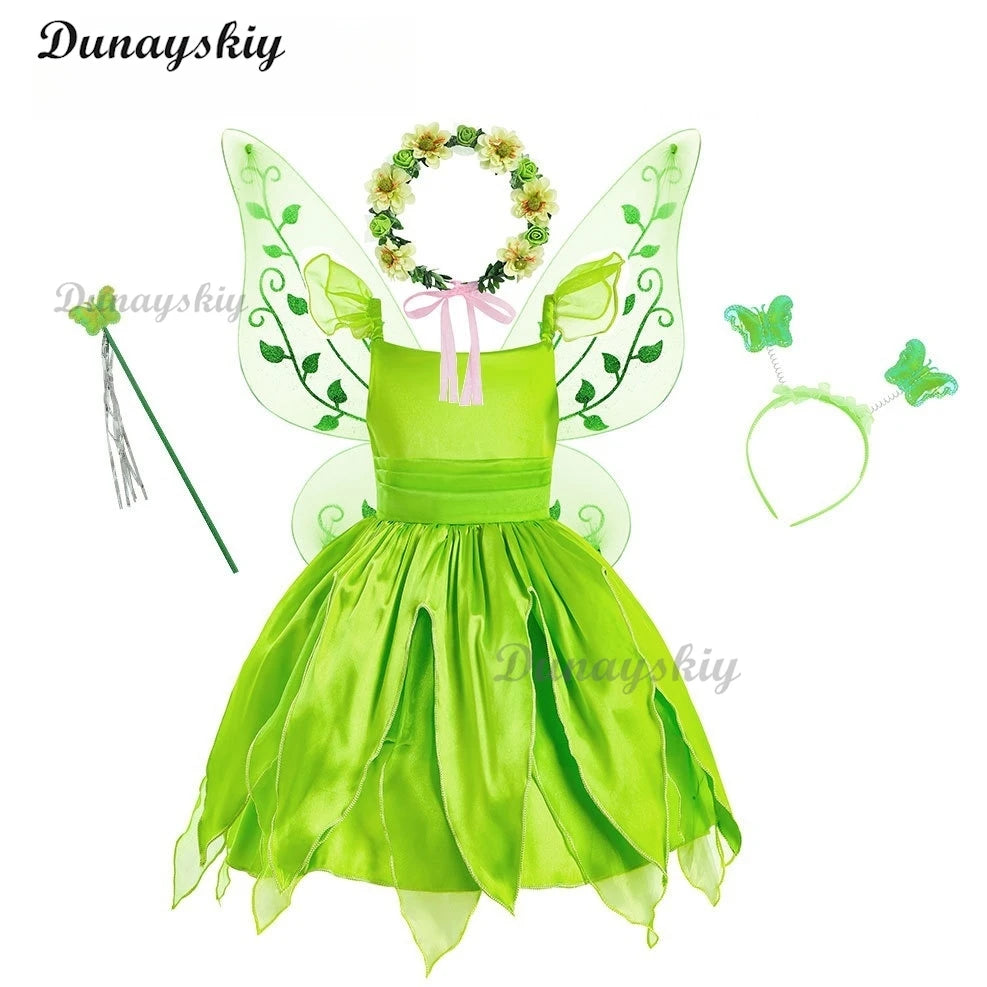 Fancy Girl Flower Fairy Tinker Green Wing Dress Bell Halloween Peter Pan Elf Cosplay costumes Masquerade Party Gowns