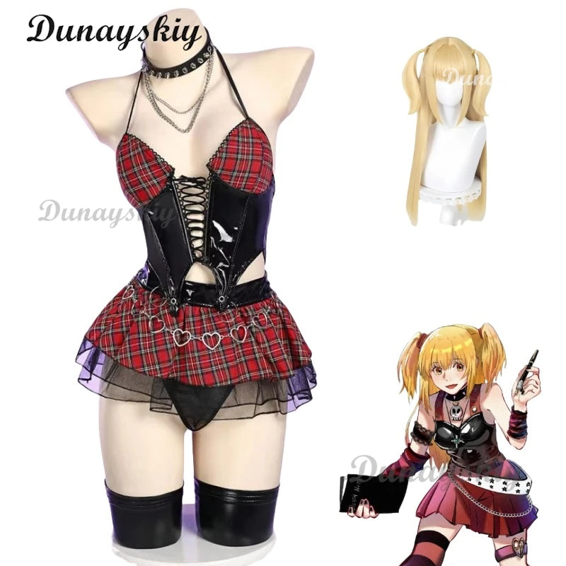 Miss Misa Cosplay Costume and Wig Halloween Gothic Top and Skirt with Net Stockings and Sleeves Black Corset Skirt Set Lace-up