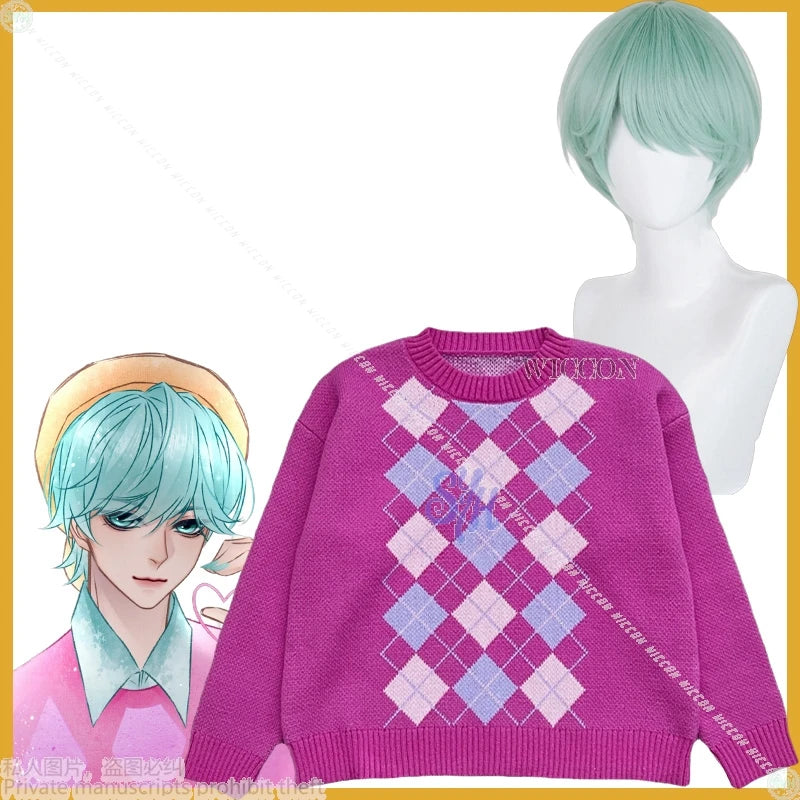 Baby Saja Boys Cosplay Costume Wig Anime Movie Kpop Demon Jirai Kei Boy Pink Retro Wool Knitted 코스프레 Kawaii Cute Lovely Sweater