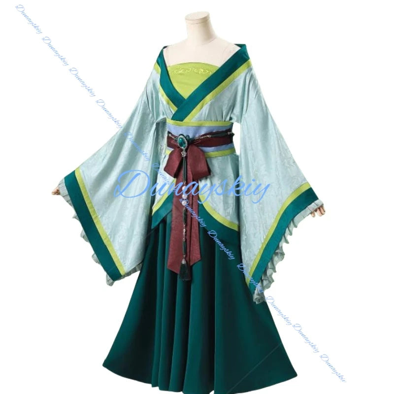 Anime The Apothecary Maomao Cosplay Costume Wig Green Uniform Chinese Traditional Hanfu Dress Headwear Earrings Necklace Chain