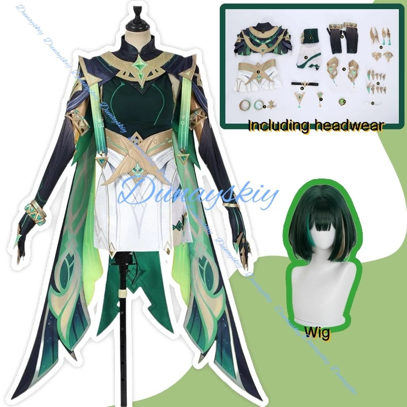 Genshin Impact Nefer Cosplay Costume Wig Uniform Five-star Dendro Catalyst Halloween Party Women Girls Game Accessory Prop