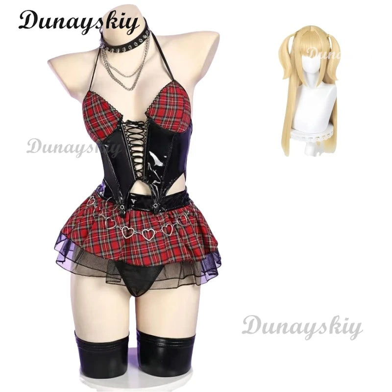Miss Misa Cosplay Costume and Wig Halloween Gothic Top and Skirt with Net Stockings and Sleeves Black Corset Skirt Set Lace-up