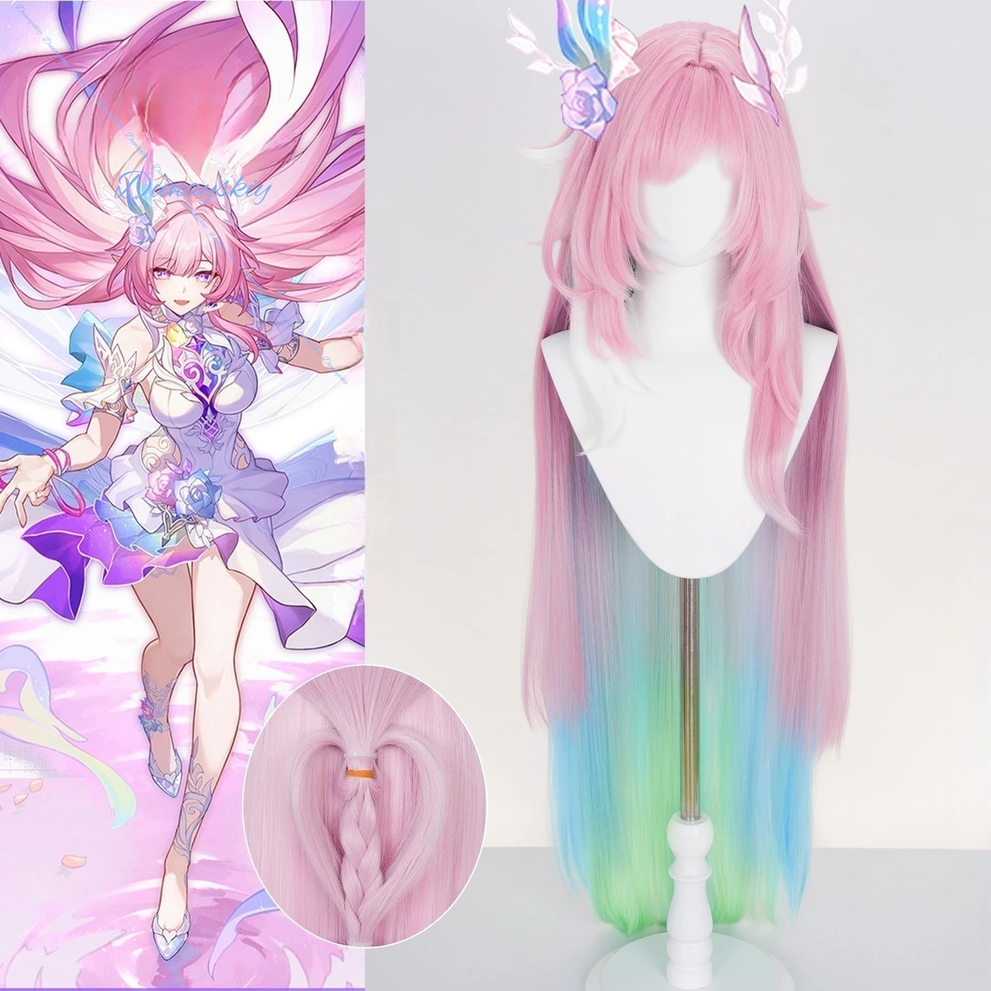 Game Honkai Star Rail Cyrene Cosplay Wig Pink Blue Long Hair Headwear Elysia Amphoreus 120cm Women Girls Halloween Party Props