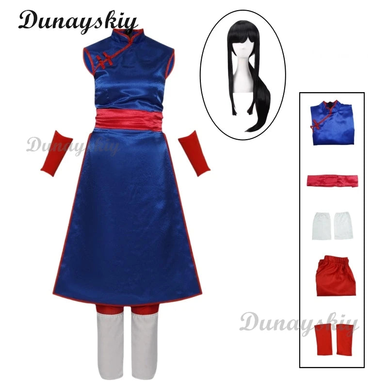 Anime Chichi Cheongsam Son Goku Cosplay Costume Wig Blue Dresses Woman Halloween Carnival Cosplay Chichi Clothes Customized