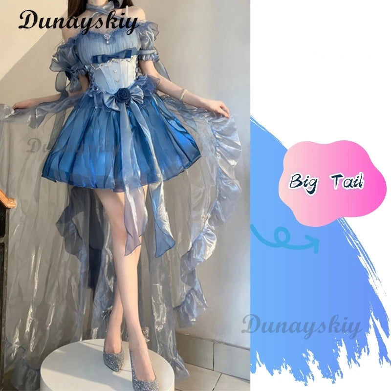 Blue Flower Wedding Lolita Dress Light Lo on the Run Elegant Big Lady Beautiful Puff Short Skirt Fairy Princess Party Customized
