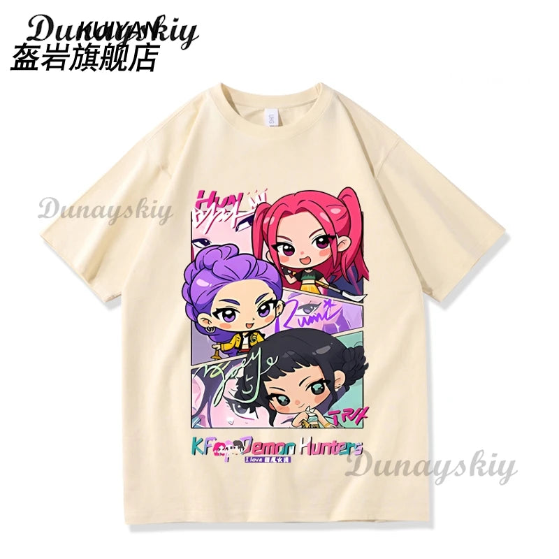 KPop Demon Hunters Cosplay T-shirt Wig Costume Superstar Rumi Mira Zoe Daily Black White Printed Top For Women Girls Clothing