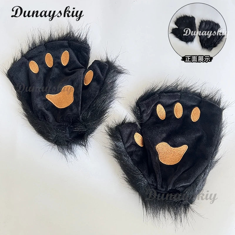 Fluffy Fur Fox Ear Headpiece Tail Cat Claw Glove Headband Necklace Cute Fox Japanese Anime Cosplay Costume Accessory Halloween