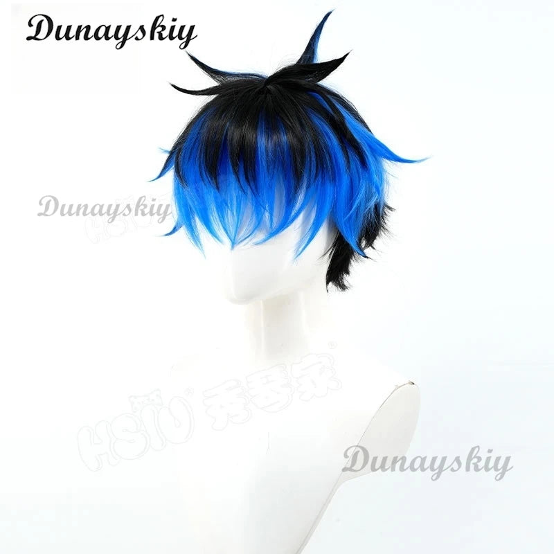 The Hundred Line Yugamu Omokage Cosplay Wig Blue Black Short Hair Last Defense Academy Halloween Party for Women Men Carnival
