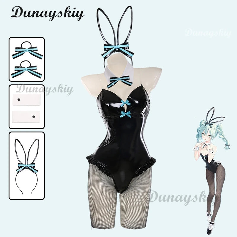 Anime Chuyin Rabbit Cosplay hole Black Leather Bunny Girl Sexy Cute Halloween Cosplay Costume Headdresses Clothes Bows girl Wig