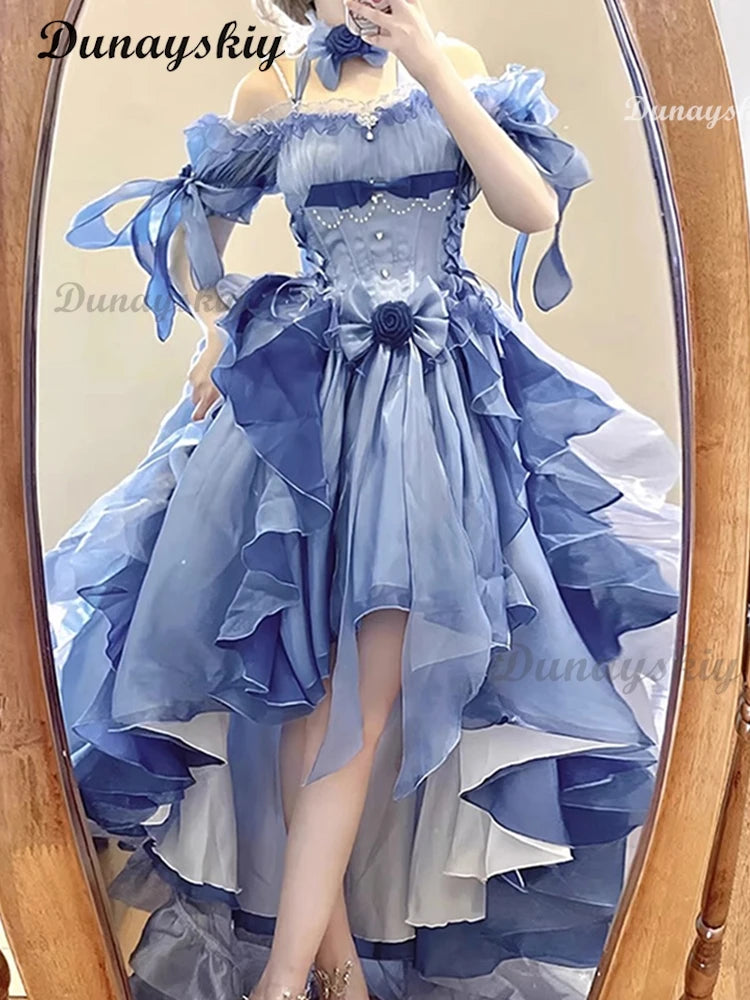 Blue Flower Wedding Dress Cos Lolita Dress Lolita Heavy Industry Trail Puffy Princess Dress Bow Lolita Cosplay Customized