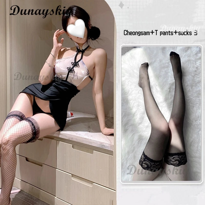 Chinese Style Mini Cheongsam Print Sexy Lingerie Teddy Nightgown Sexy Office Secretary Uniform Lace See Through High Split Dress