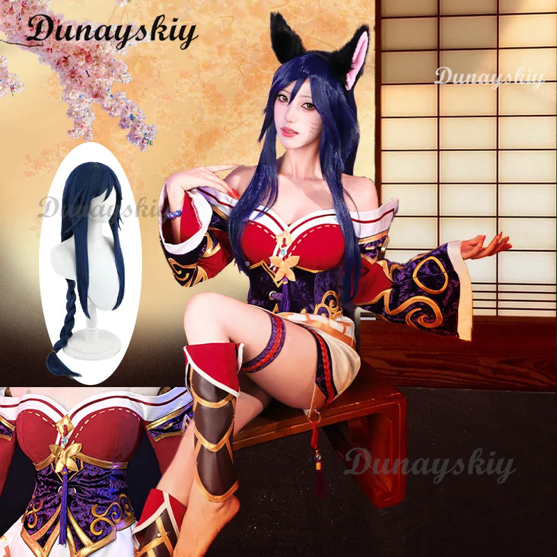 LOL: Ahri Champion Nine Tails Wildd Riftt Game Cosplay Costume Wig Ahri Red Dress Halloween Cosplay