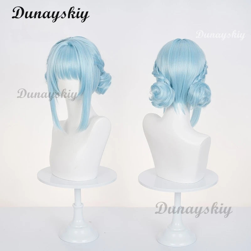 Genshin Impact Ineffa Cosplay Wig Light Blue Double Braid Bun Hair Wigs For Women Gilrs Vanilla Planifolia Carnival Free Wig Cap