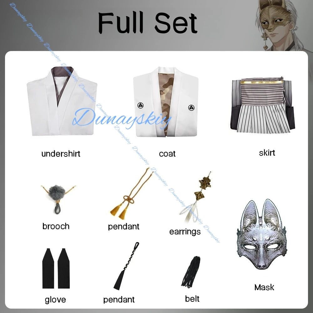 Fox Mask Hinako Shimizu Cosplay Costume Silent Game White Suit Wig Mask Earrings Halloween RolePlay Party