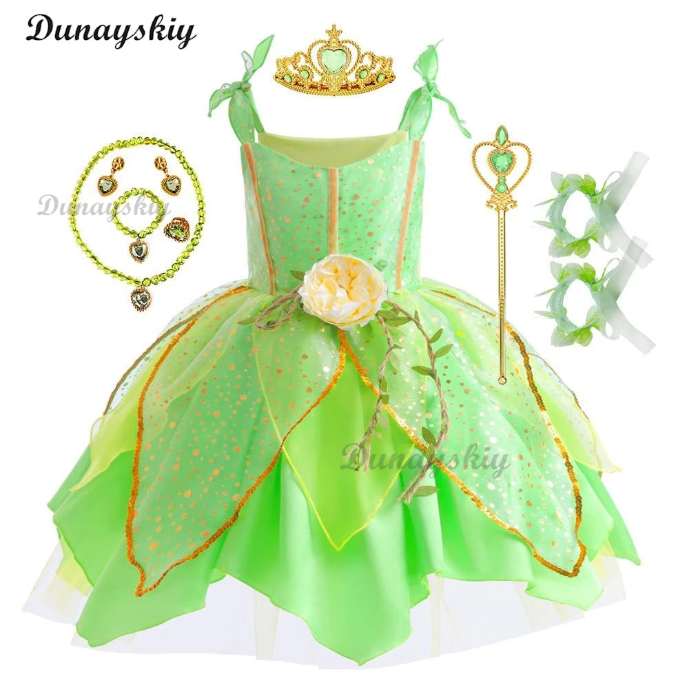 Fancy Girl Flower Fairy Tinker Green Wing Dress Bell Halloween Peter Pan Elf Cosplay costumes Masquerade Party Gowns