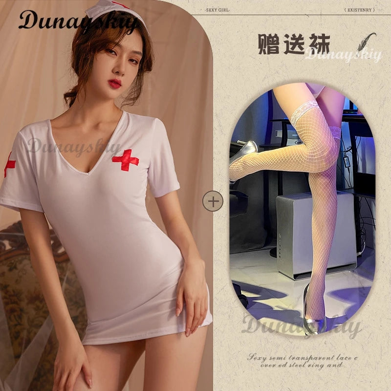 Temptation Nurse Outfit Cosplay Costume Sex Underwear Hip-Length Pink Black White Sexy Hot Nurse Lingerie Cosplay Women Charming
