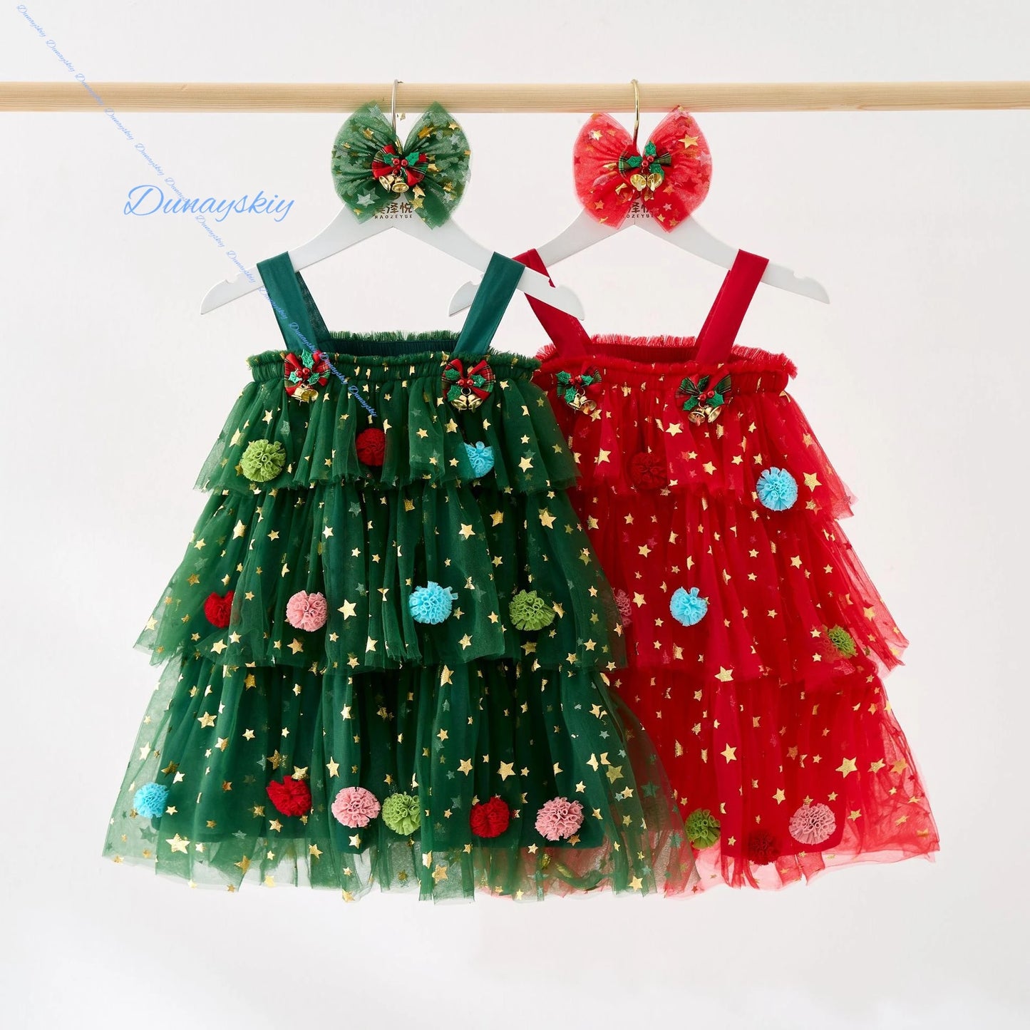 Christmas Kids Girl Stars Dress Cosplay Baby Dresses for Girls Sleeveless Red Green Party Layered Tulle Dress Xmas Clothes
