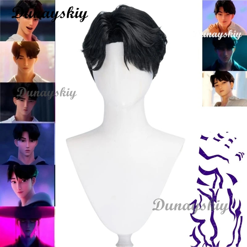 Saja Boys Jinu Wig Movie Cosplay Men Black 30cm Short Hair Star Demon Jinu Cosplay Free Cap Hallowen Party Roleplay