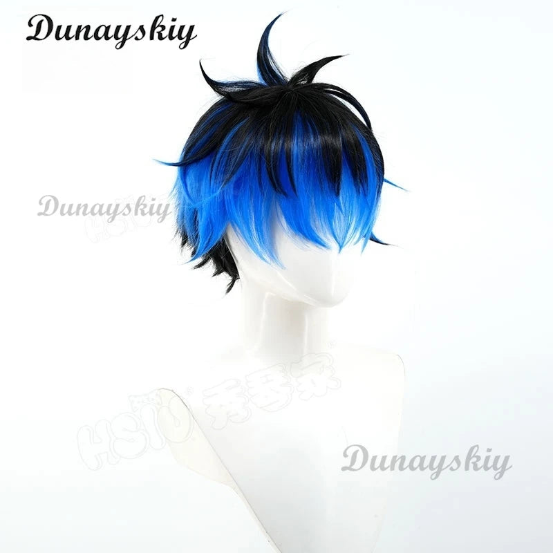 The Hundred Line Yugamu Omokage Cosplay Wig Blue Black Short Hair Last Defense Academy Halloween Party for Women Men Carnival