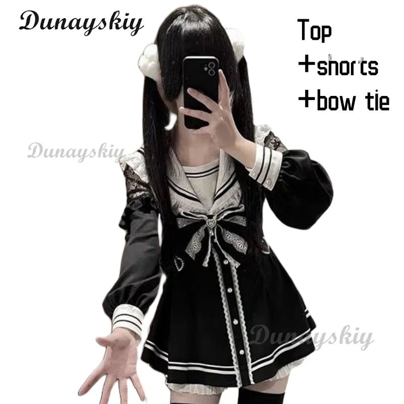 Jirai Kei Sailor Black Dress Lace Patchwork Slim Fit Dresses Japanese Sweet Inner Shorts Set JK School Uniform for Women Girls