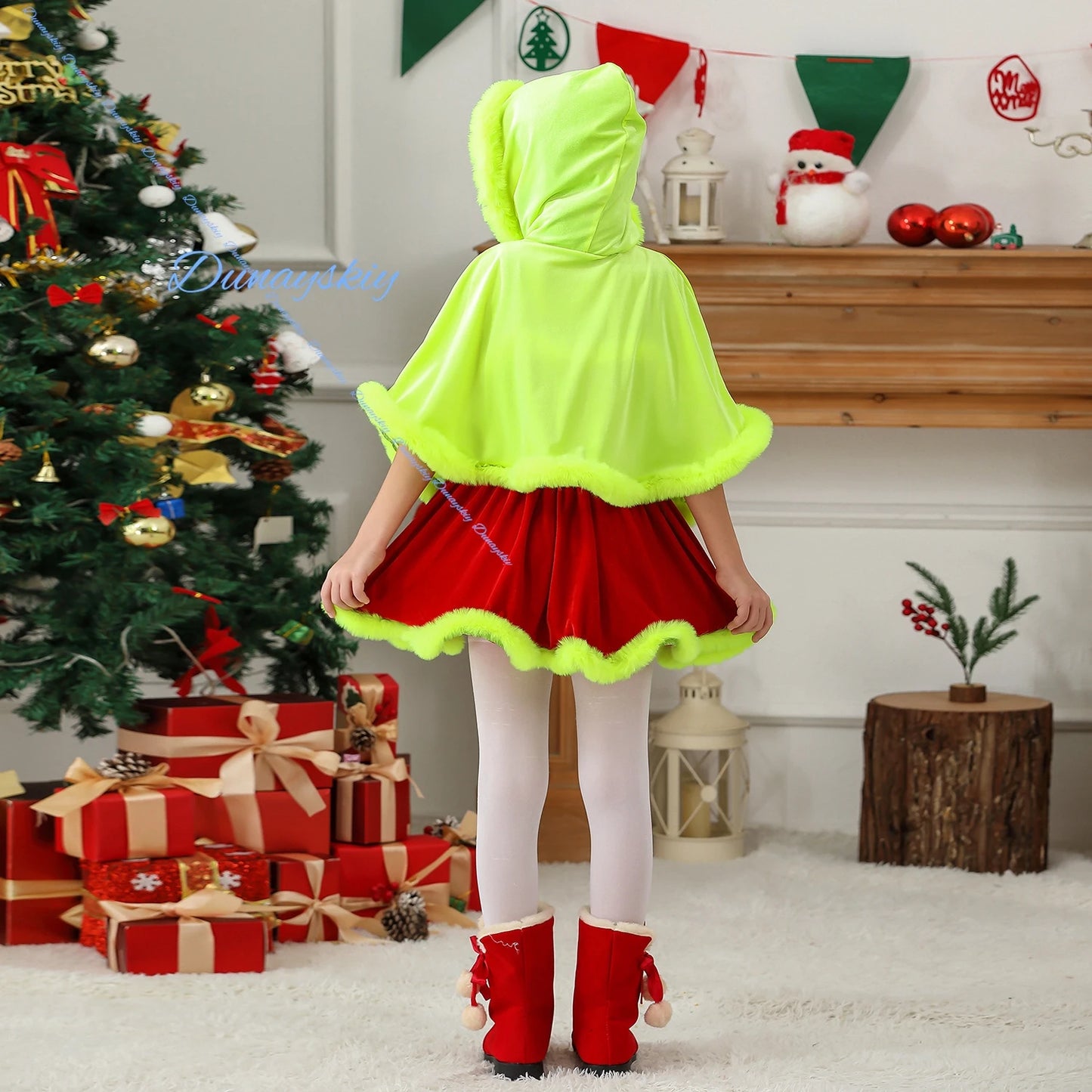 Kids Themed Christmas Costume Dress Green Cape Red Dress Style Santa Children Clothing Christmas Party Outfit costume
