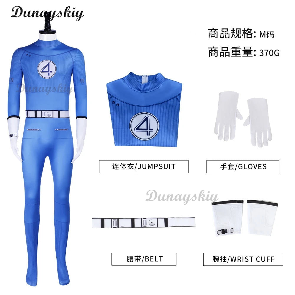 Movie Fantastic Four Cosplay Costume Thunderbolt Fire Blue And White Jumpsuit Superhero Halloween Party Invisibility Jumpsuit