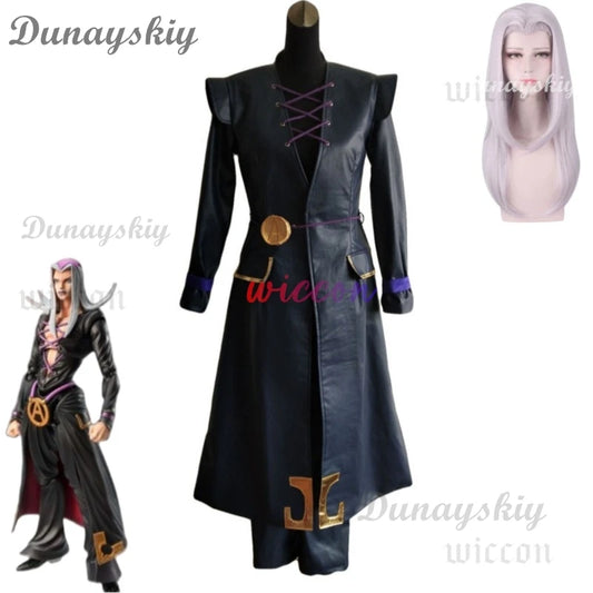 Anime JOJO's Bizarre Adventure Golden Wind Leone Abbacchio Cosplay Costume Black PU Long Coat Uniform Wig Man Carnival Suit