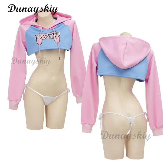 Game Over Anime Girl Pink Blue Short Hoodie Crop Top Long Sleeve Halloween Cosplay Costume Underwear Nightgown Student Outfits