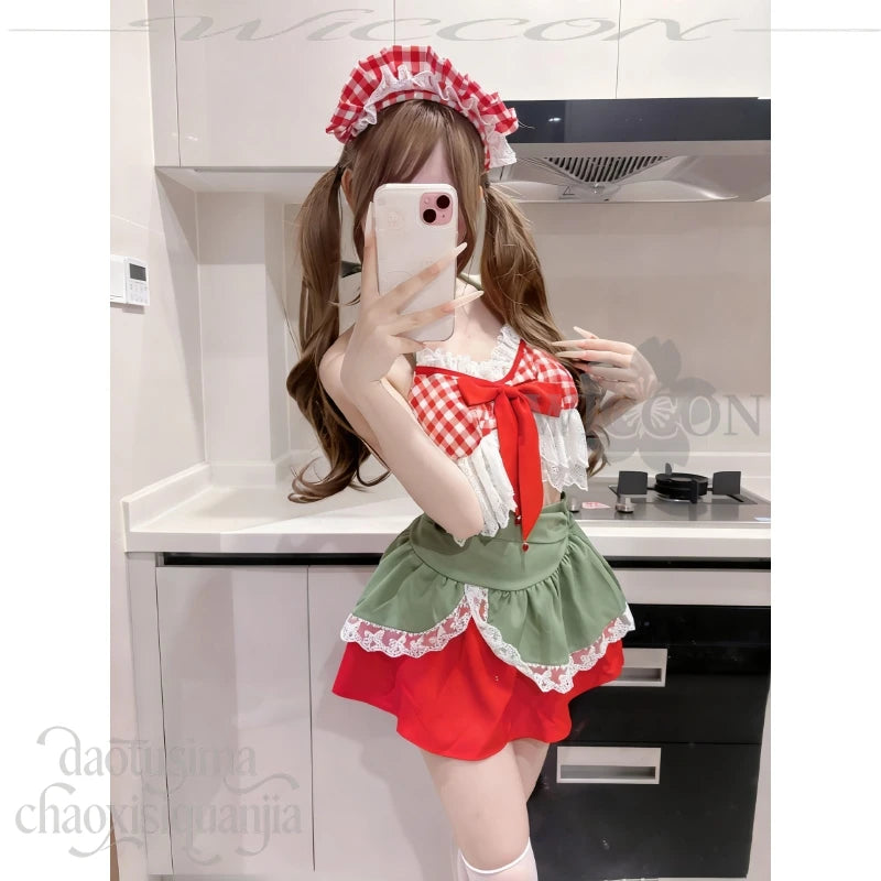 Sexy Strawberry Halter Two-Piece Short Skirt Jirai Kei Cosplay Costume Cute Anime Lolita Original Design Girls Christmas Party