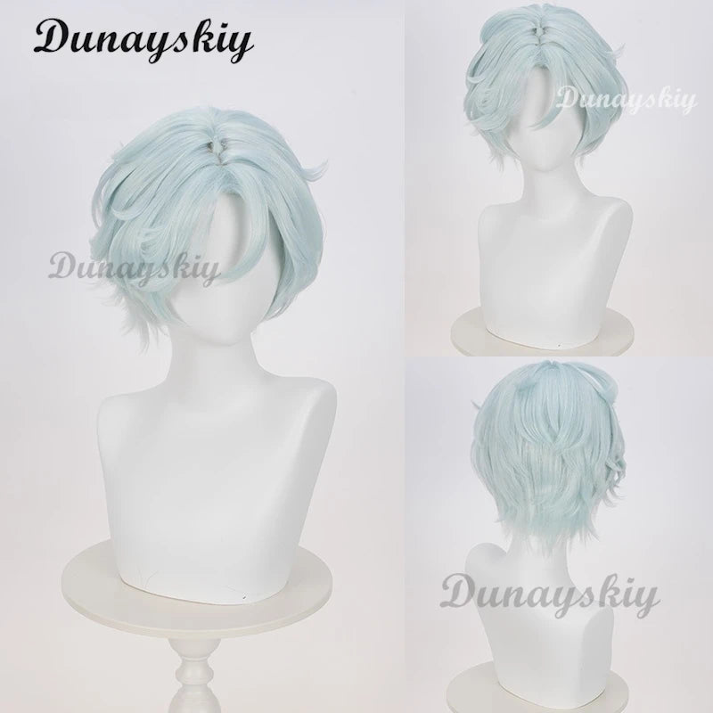 Genshin Impact Ifa Cosplay Light Blue Wig Short Hair Tlalocan Flower-Feather Clan Natlan Halloween Party for Women Men Carnival