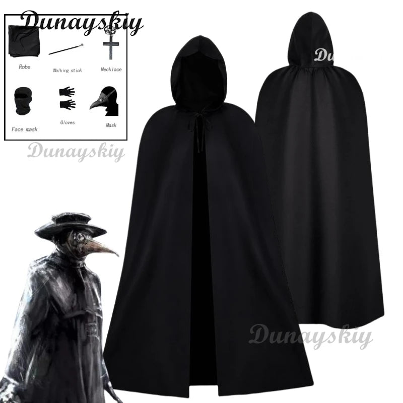 Doctor Schnabel Cosplay Cloak Plague Costume Medieval Long Beak Mask Robe Cross Woman Man Black Trench Halloween