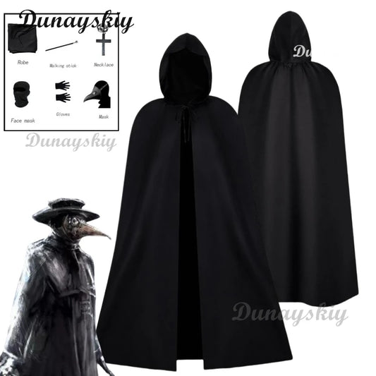 Doctor Schnabel Cosplay Cloak Plague Costume Medieval Long Beak Mask Robe Cross Woman Man Black Trench Halloween