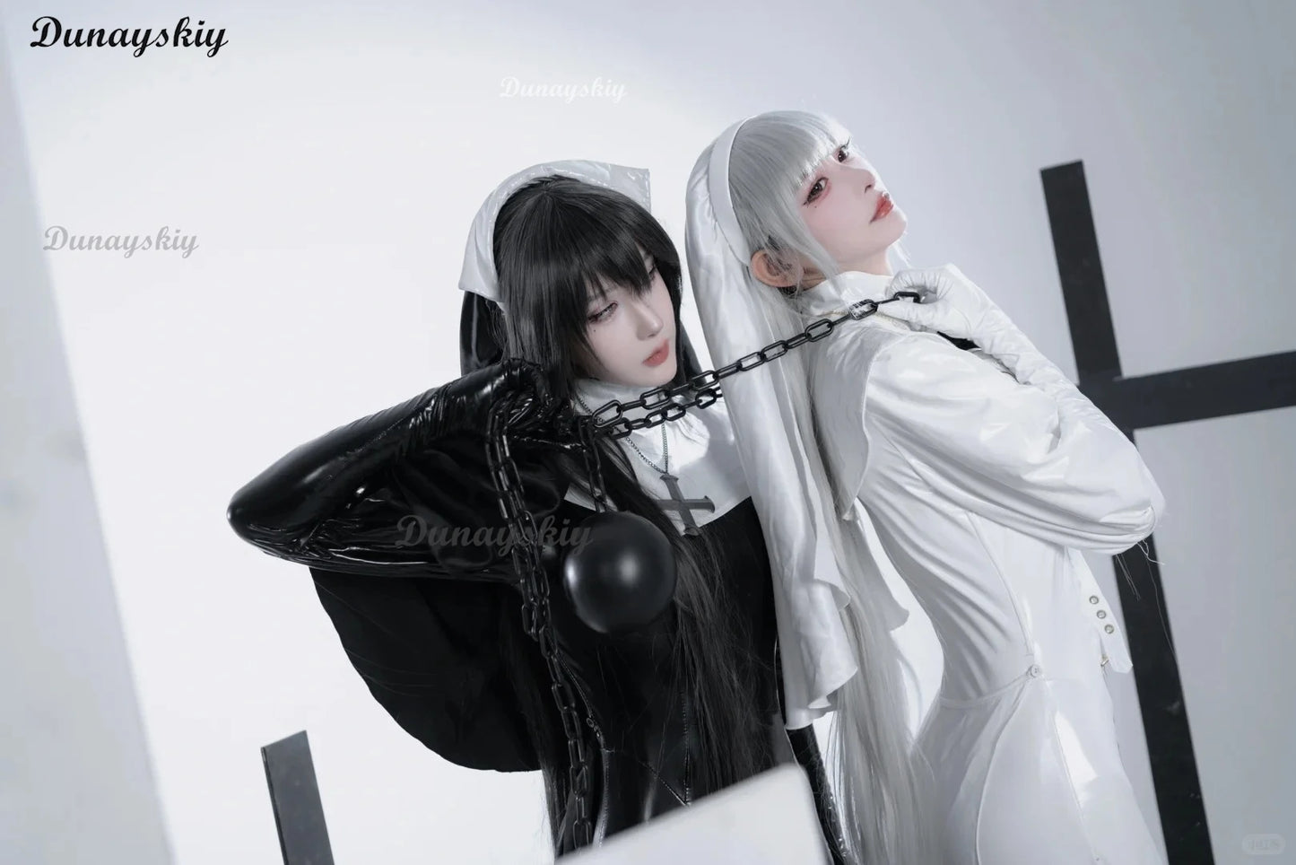 Women Gothic Style Jumpsuit Black White One-Piece Catsuit Jumpsuit and Skirt with Leg Ring Shoe Cosplay Costume for Halloween