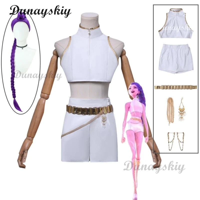 Rumi KPop Demons Cosplay Hunter White Costume Wig Women Girls Cartoon Fantasia Vest Shorts Chain Belt Outfits Halloween Carnival