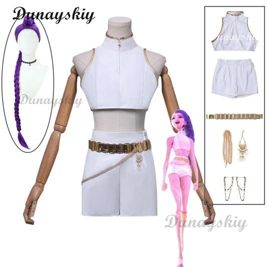 Rumi KPop Demons Cosplay Hunter White Costume Wig Women Girls Cartoon Fantasia Vest Shorts Chain Belt Outfits Halloween Carnival