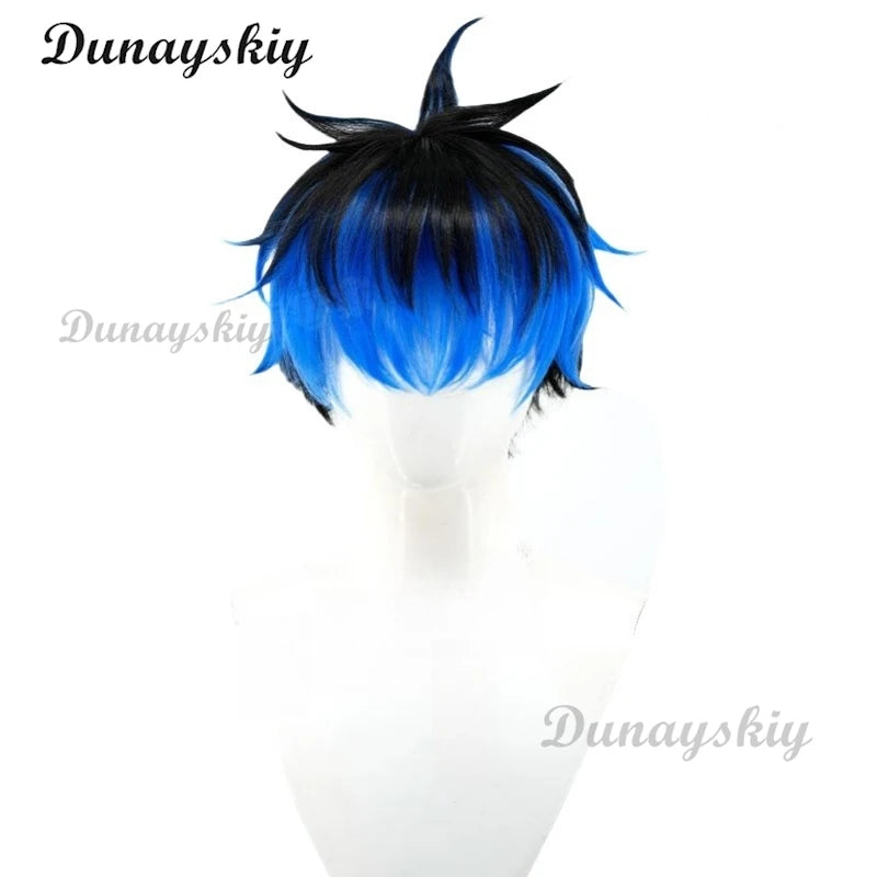 The Hundred Line Yugamu Omokage Cosplay Wig Blue Black Short Hair Last Defense Academy Halloween Party for Women Men Carnival