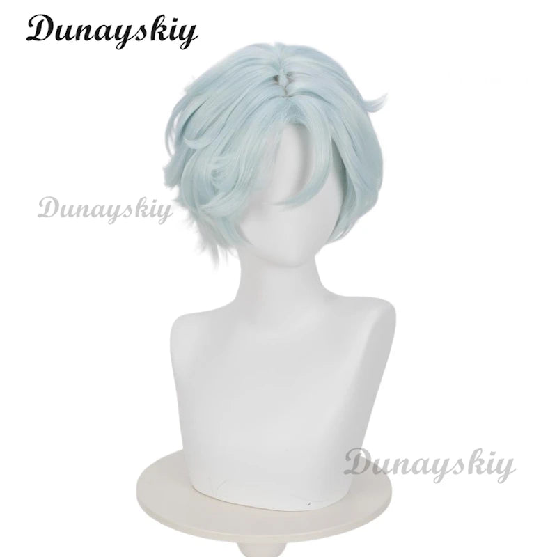 Genshin Impact Ifa Cosplay Light Blue Wig Short Hair Tlalocan Flower-Feather Clan Natlan Halloween Party for Women Men Carnival