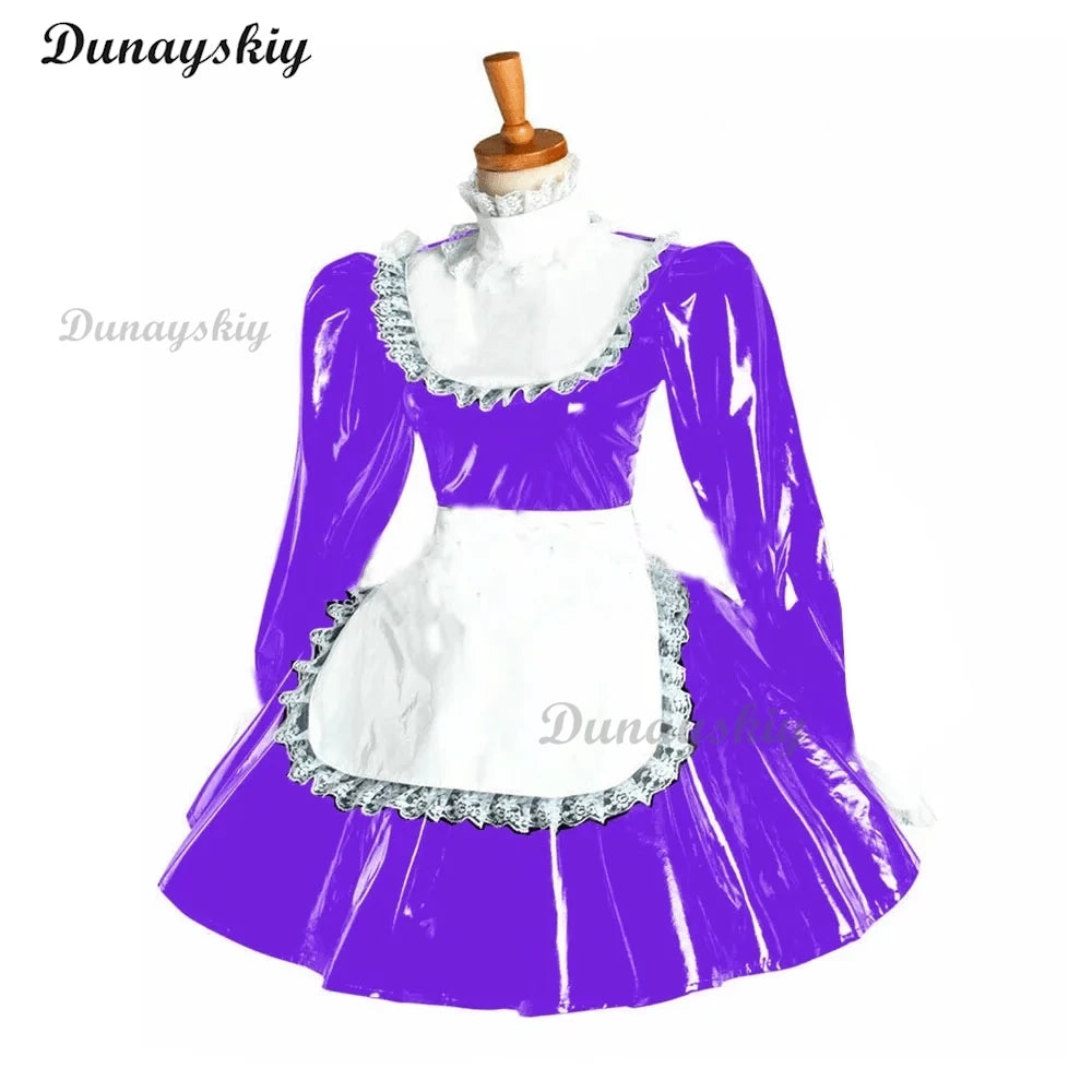 Puff Long Sleeve Gothic Mini Dress Cosplay Women Lolita Bowknot Lace Apron Dress PVC Wetlook Maid Cosplay Halloween Maid costume