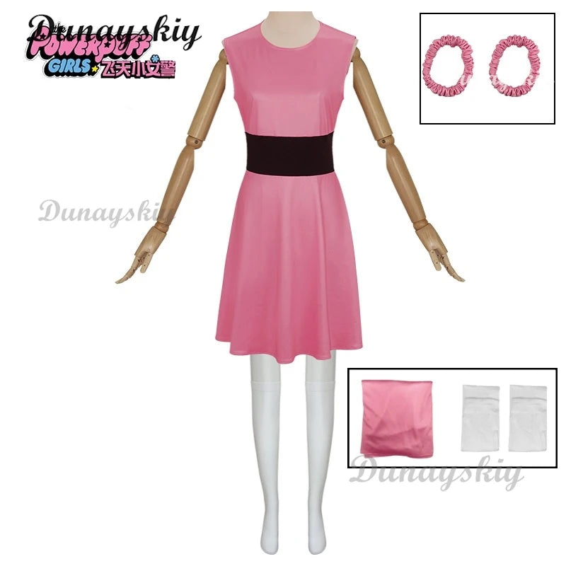 Powerpuff Cosplay Girls Costume Dress Set Blossom Buttercup Bubbles Costume Dress Women  Belt Set Halloween Fancy Dress