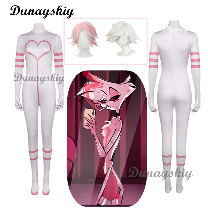 Angel Dust Cosplay Pink White Costume Wig Hazbin Rolelpaly Hotel Leather Tight Fitting Jumpsuit Outfiits Women Halloween Party