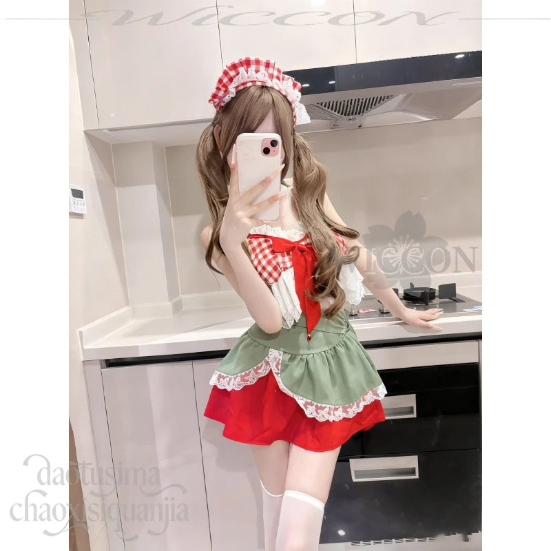 Sexy Strawberry Halter Two-Piece Short Skirt Jirai Kei Cosplay Costume Cute Anime Lolita Original Design Girls Christmas Party